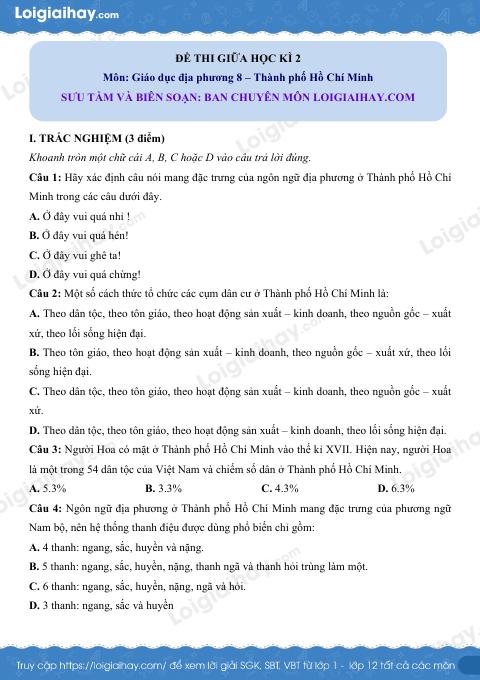 Đề thi giữa kì 2 GDĐP 8 Hồ Chí Minh
